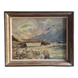 Georges Lemmers, oil on canvas, the bridge in the mountains