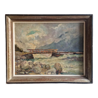 Georges Lemmers, huile sur toile, le pont dans les montagnes