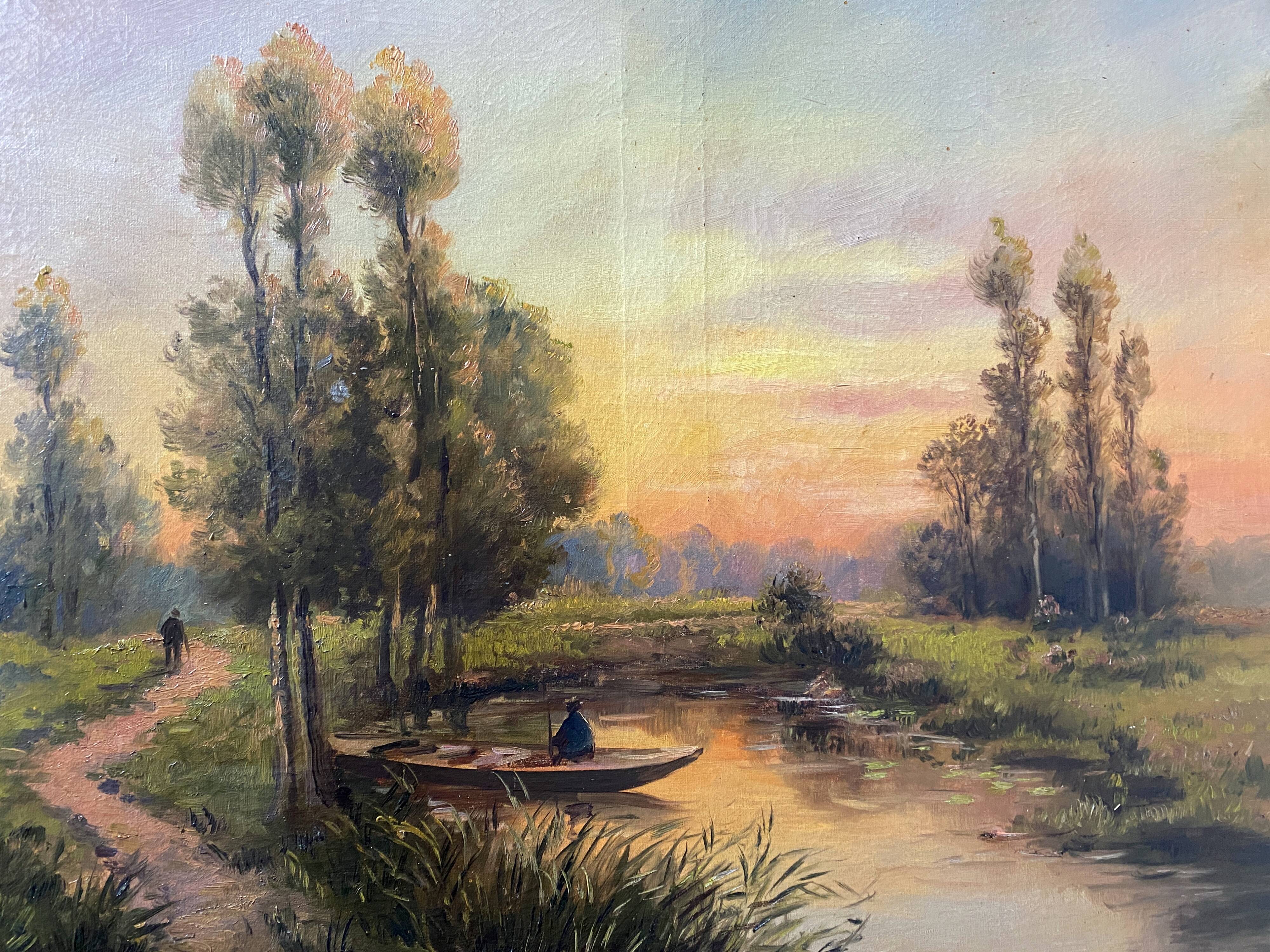Painting "Landscape with fisherman at sunset" signed L. Lebrun XIX° century