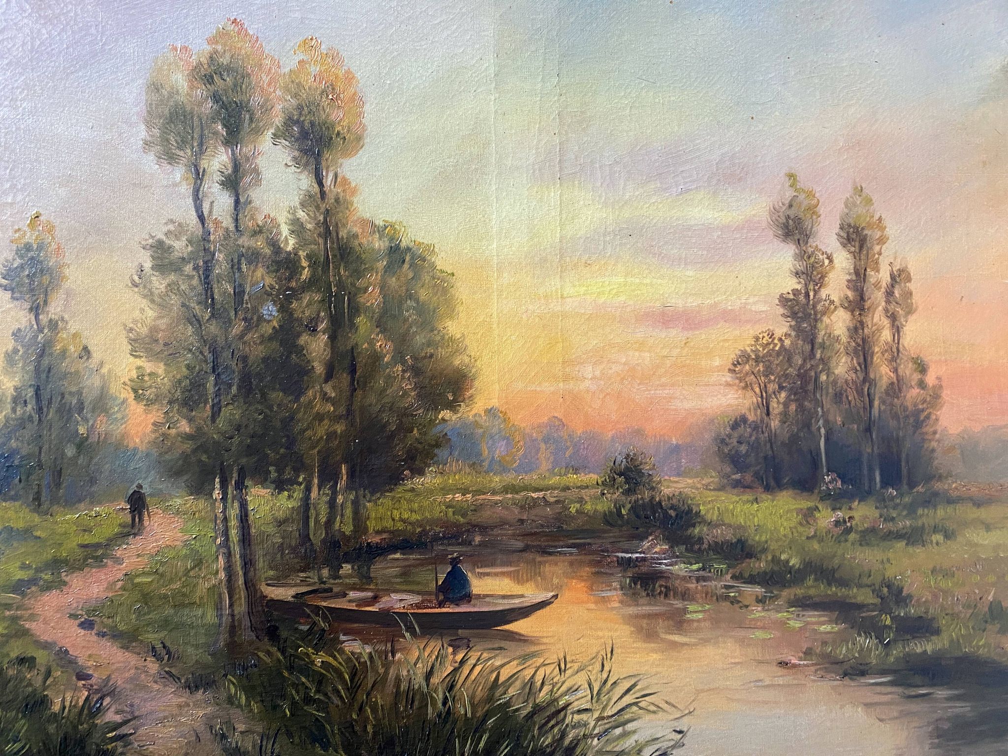 Painting "Landscape with fisherman at sunset" signed L. Lebrun XIX° century