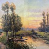 Painting "Landscape with fisherman at sunset" signed L. Lebrun XIX° century