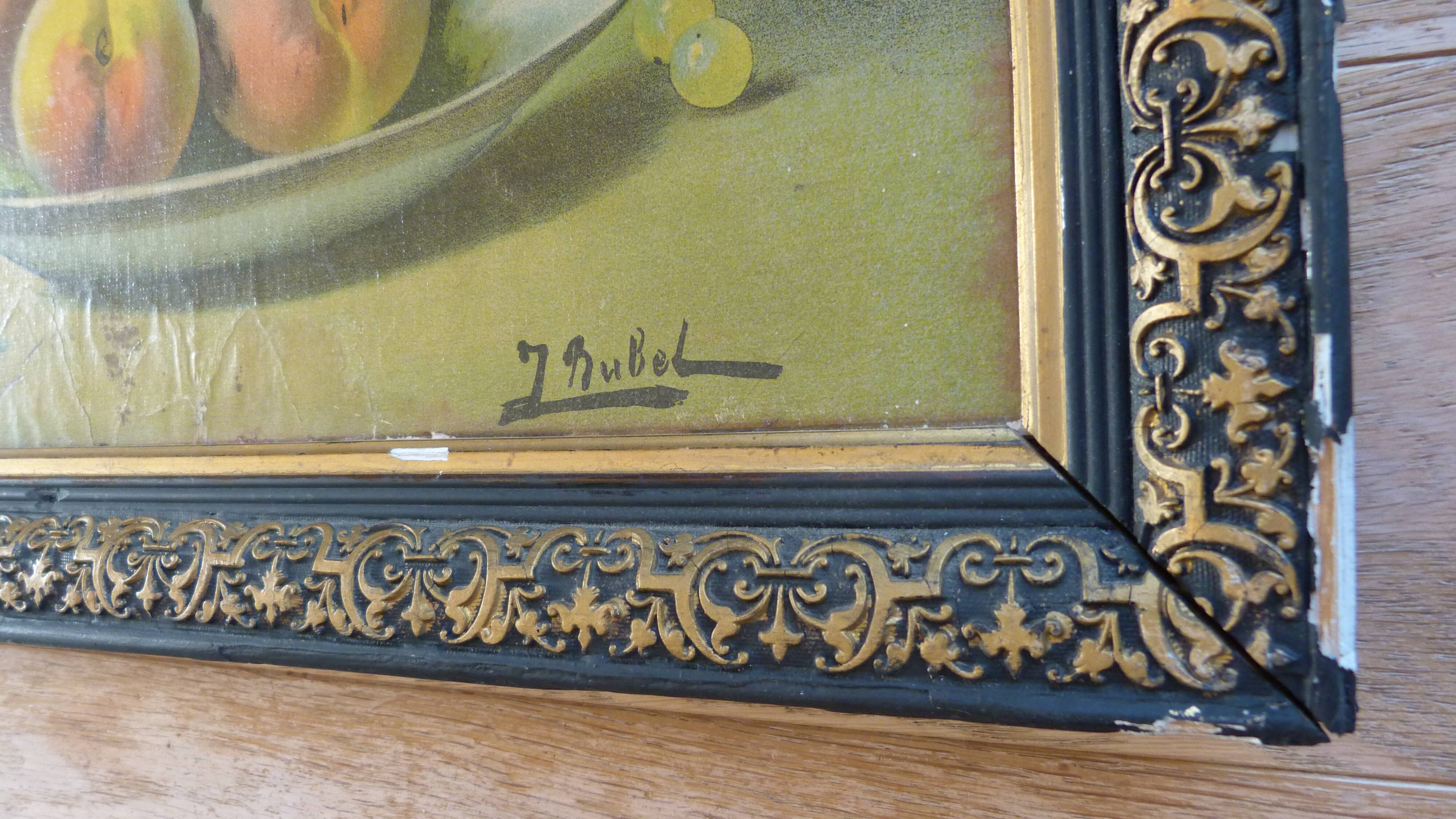 Oil on canvas still life with fruit by J. Rubel