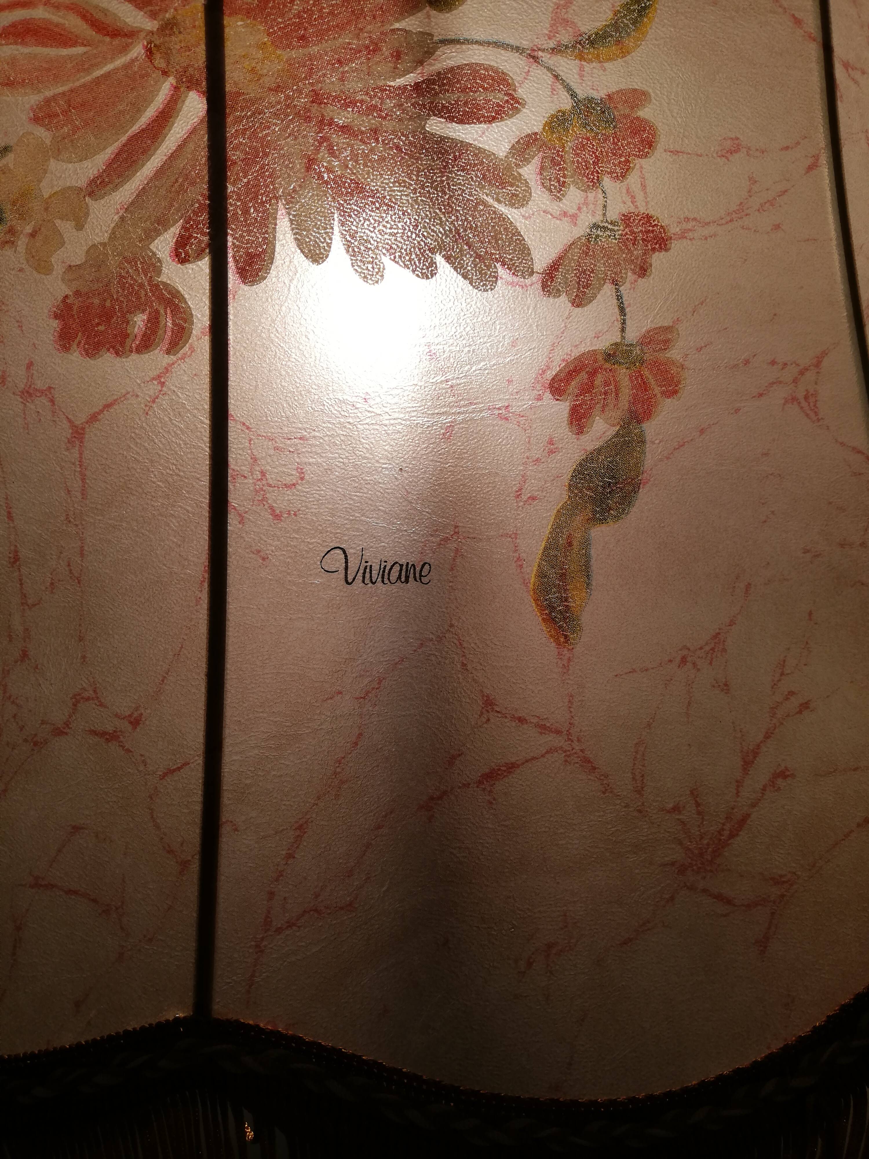 50s oak lamp lamp with hand-painted silk tablet and lampshade