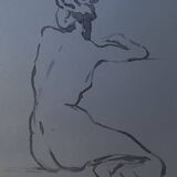 Signed watercolor painting on Denim paper portrait of a woman from behind "bath"