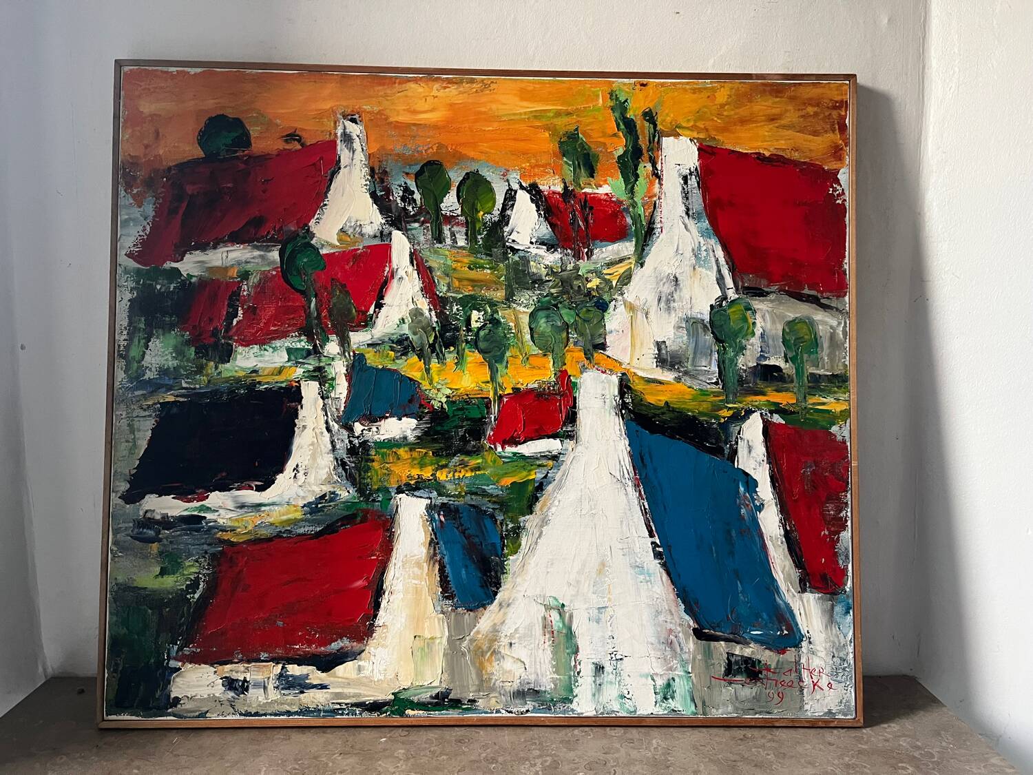 The colored roofs, knife technique, signed