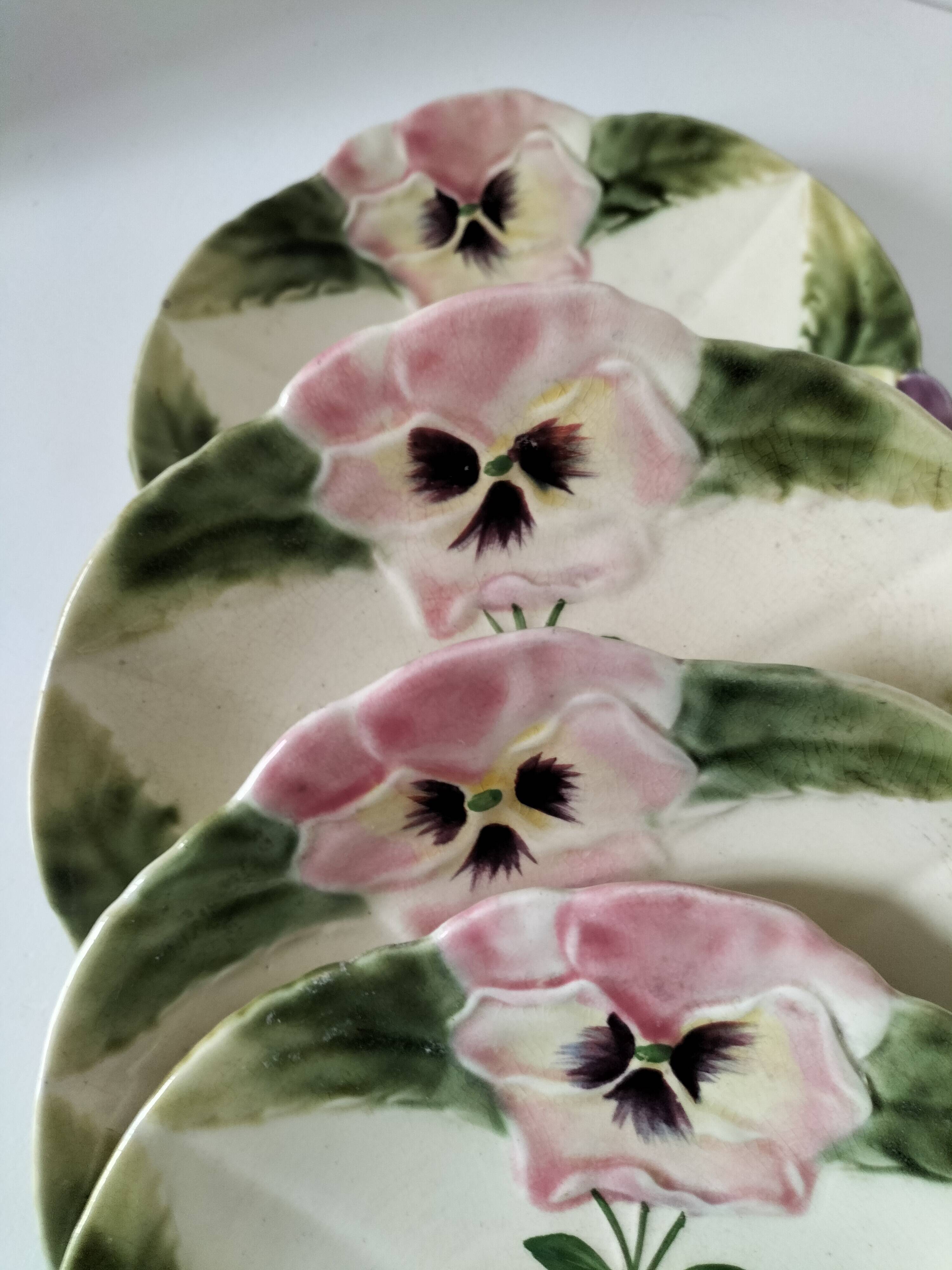 4 barbotine plates with pansies H. Boulenger Choisy-le-Roi