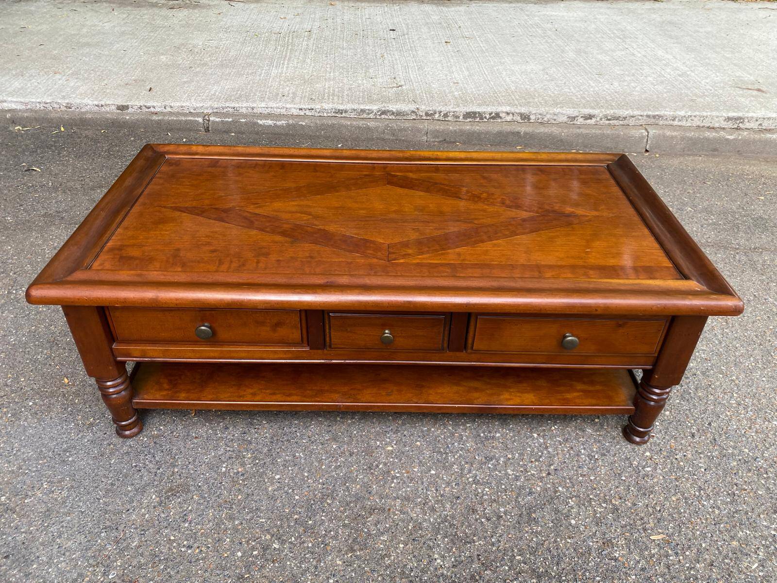 Solid cherry coffee table with 3 drawers in Louis Philippe style, 1980.