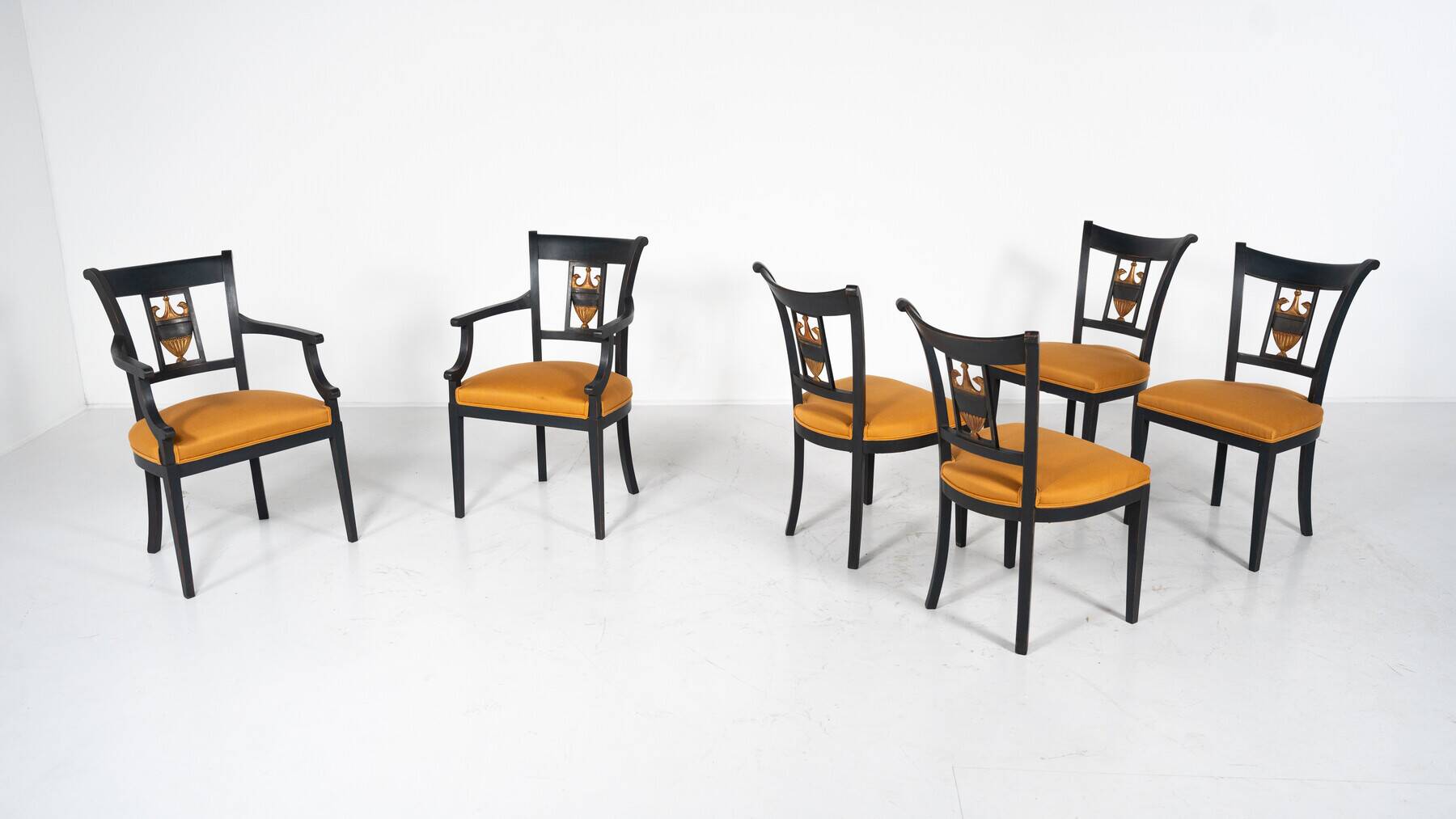 Set of 2 Black and Gold Armchairs and 4 Chairs, Empire style