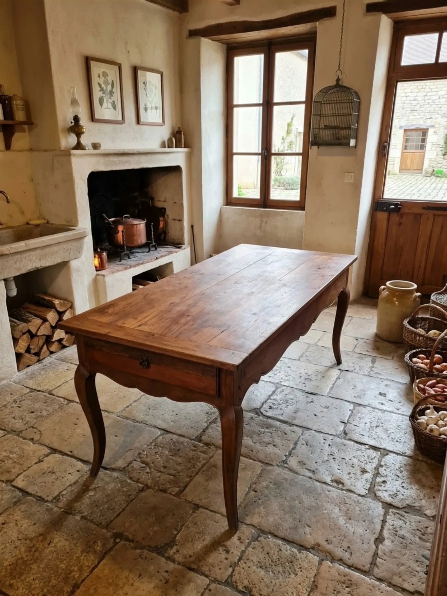 Rustic Louis XV farmhouse table in cherry wood, 1900s.