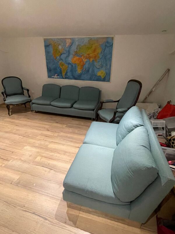 Banquette sofa circa 1970 tissu bleu/pois jaune