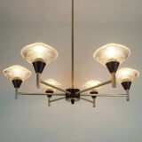 6-light mid century CHANDELIER pendant light glass aluminum and metal earyl 1960s