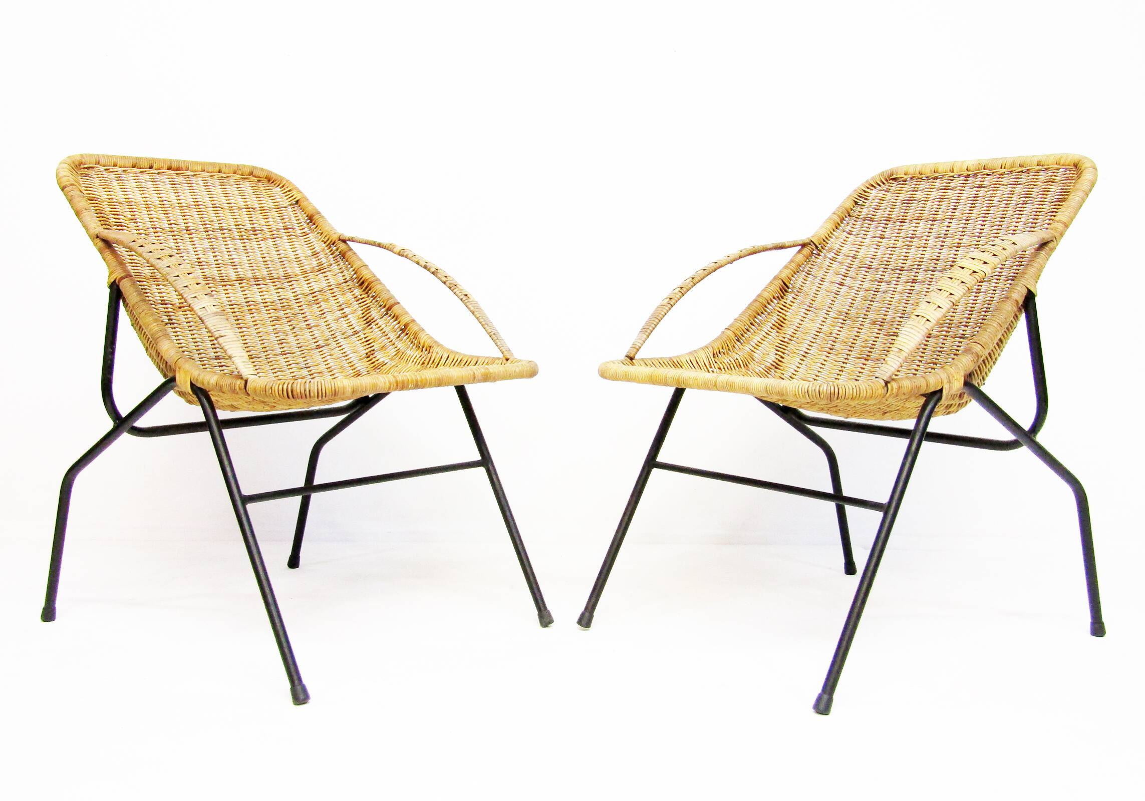 Pair Of 1950s French "Gazelle" Chairs In Rattan Wicker & Tubular Steel