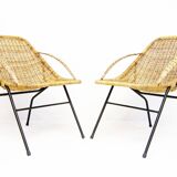 Pair Of 1950s French "Gazelle" Chairs In Rattan Wicker & Tubular Steel
