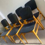 Set of 6 Scandinavian chairs in light wood and black faux leather