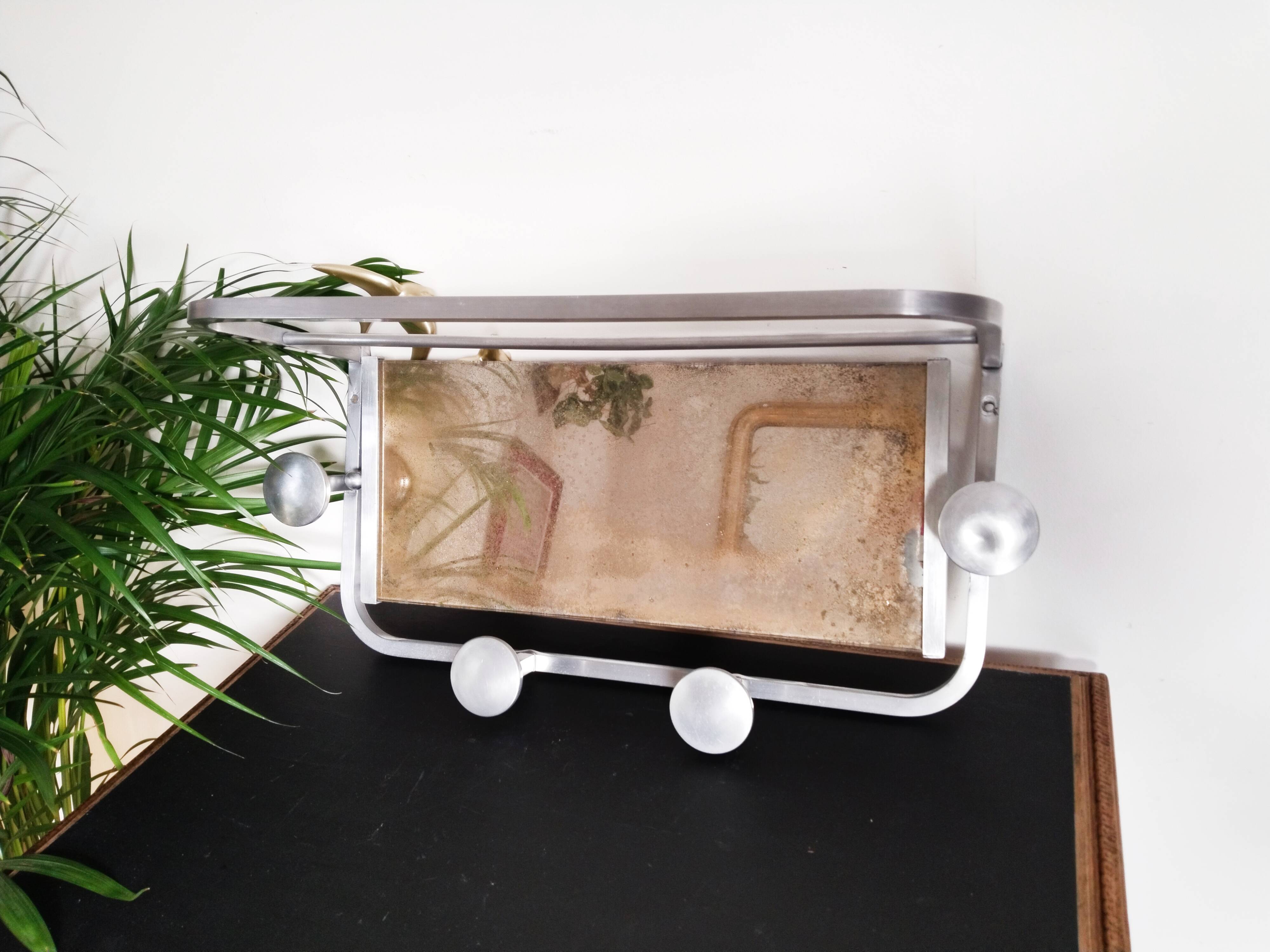 Coat rack in aluminum and mirror, vintage, Sncf style, luggage rack, hat rack