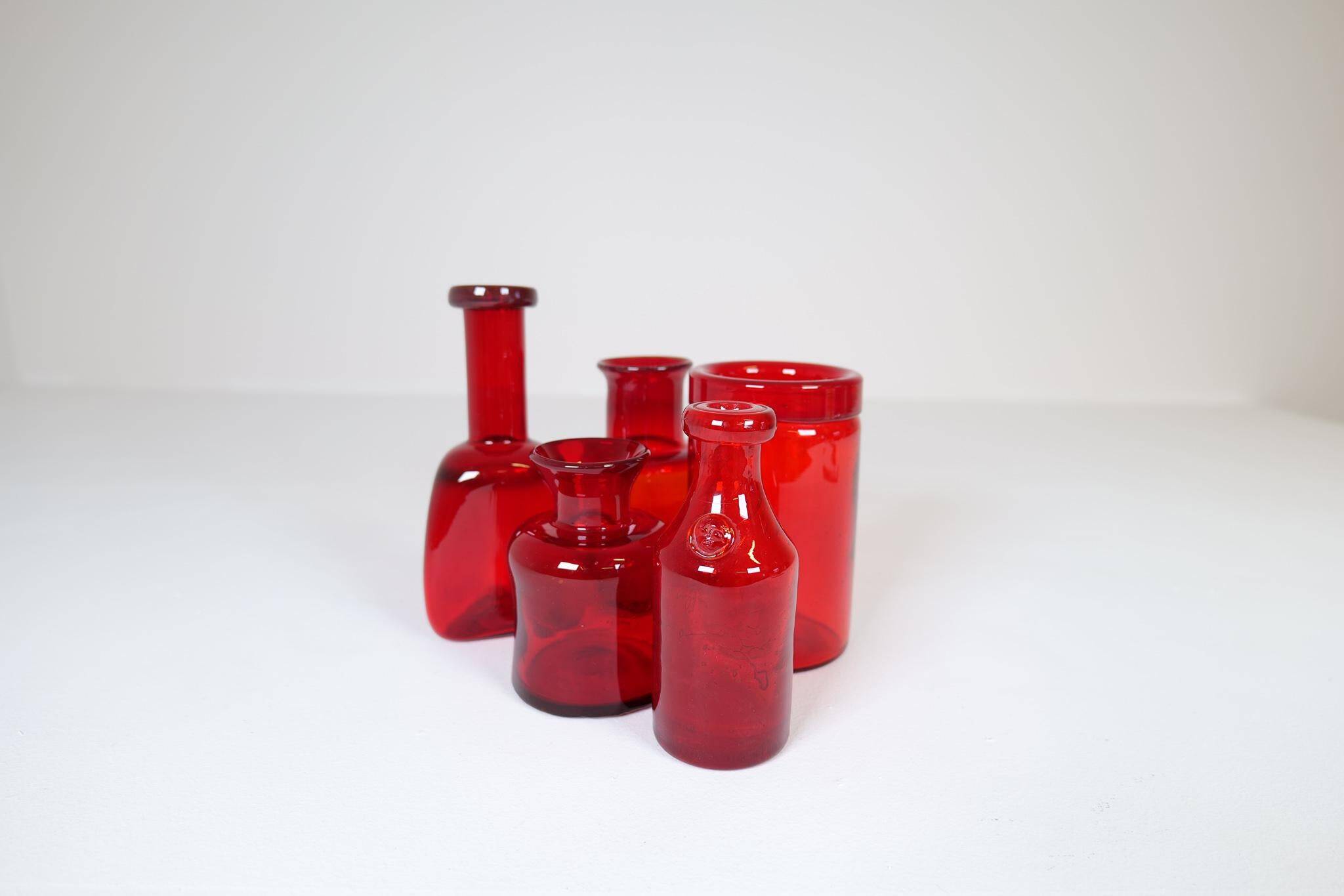 Collection of five rare red vases by Erik Hoglund, Sweden, 1960s.