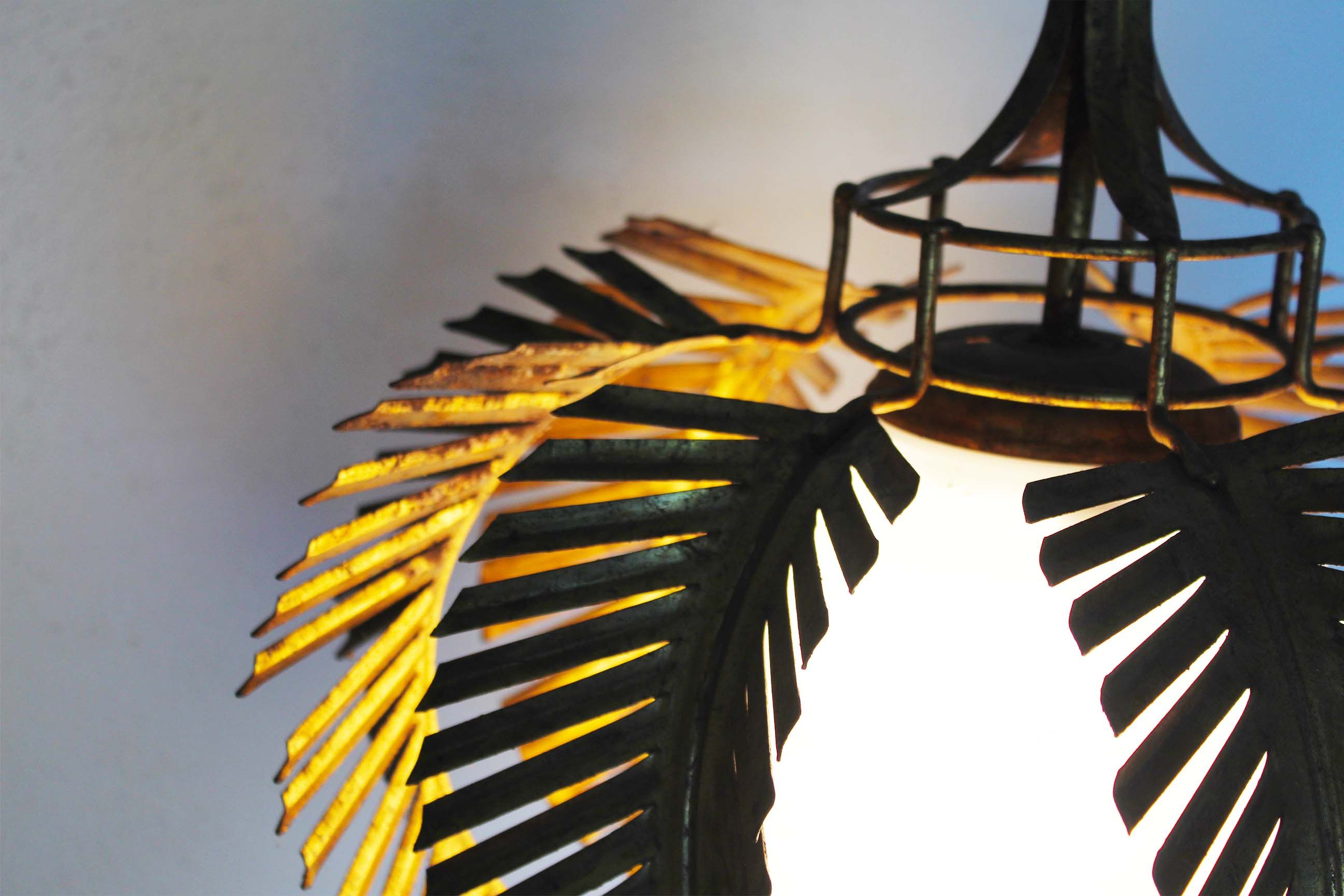 Gilt palm leaf and opaline glass pendant light by Hans Kögl