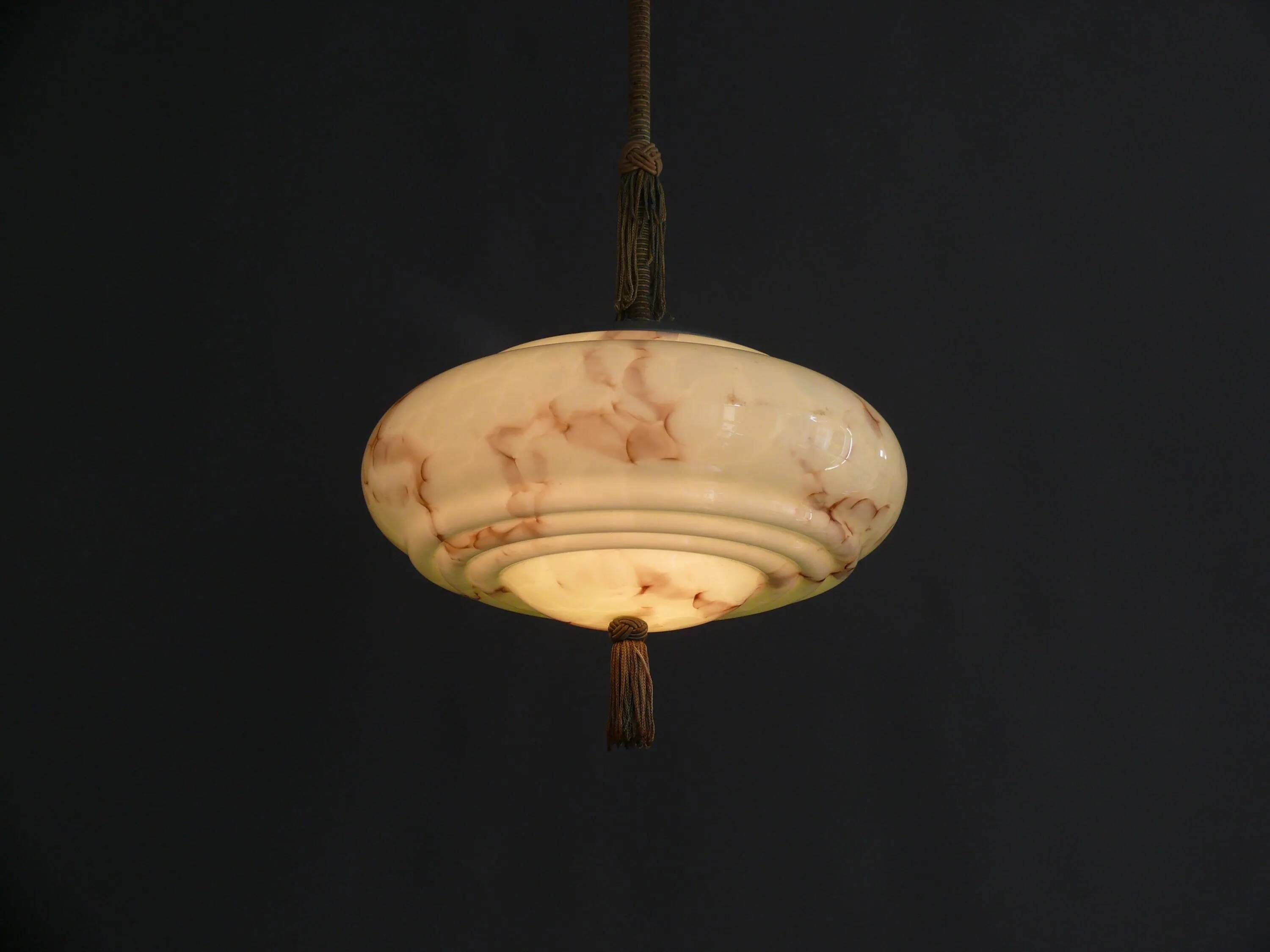 Art Deco Pendant Light with Twisted Stem, Marbled Effect, Metal and Brass - 1930s