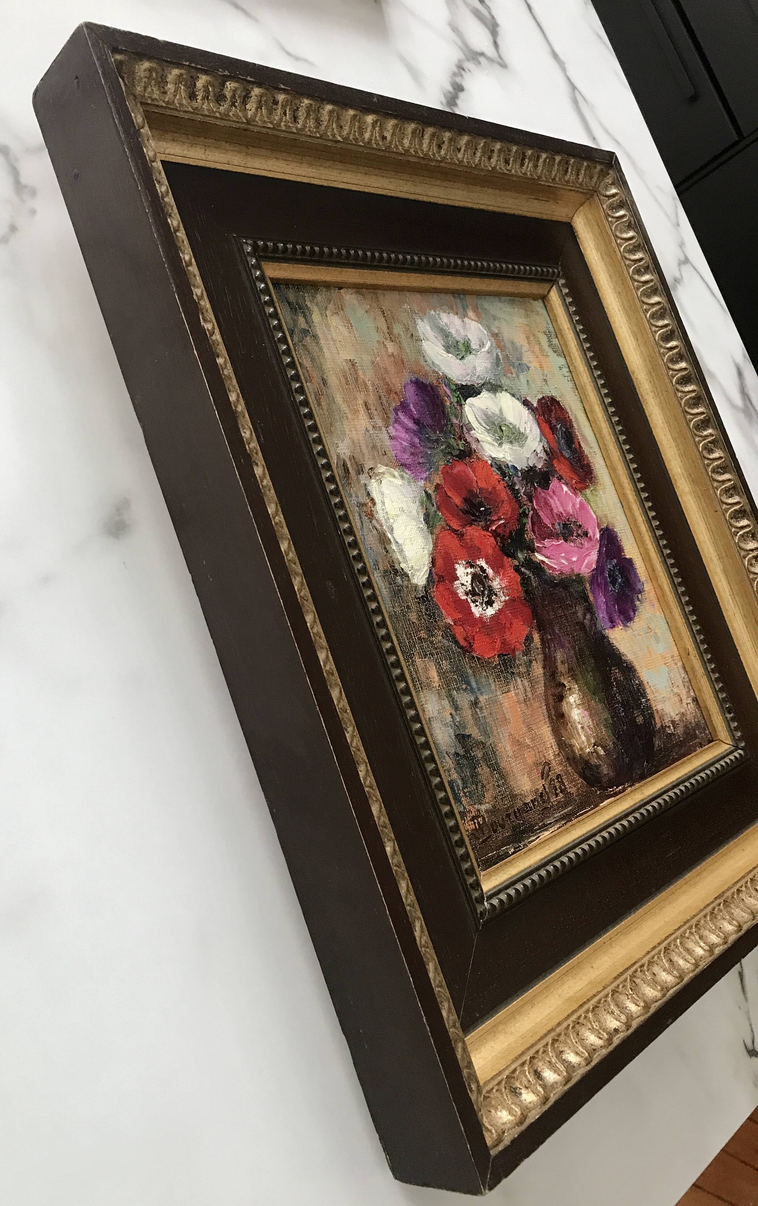 Huile sur toile Bourganel 1978 bouquet de fleurs