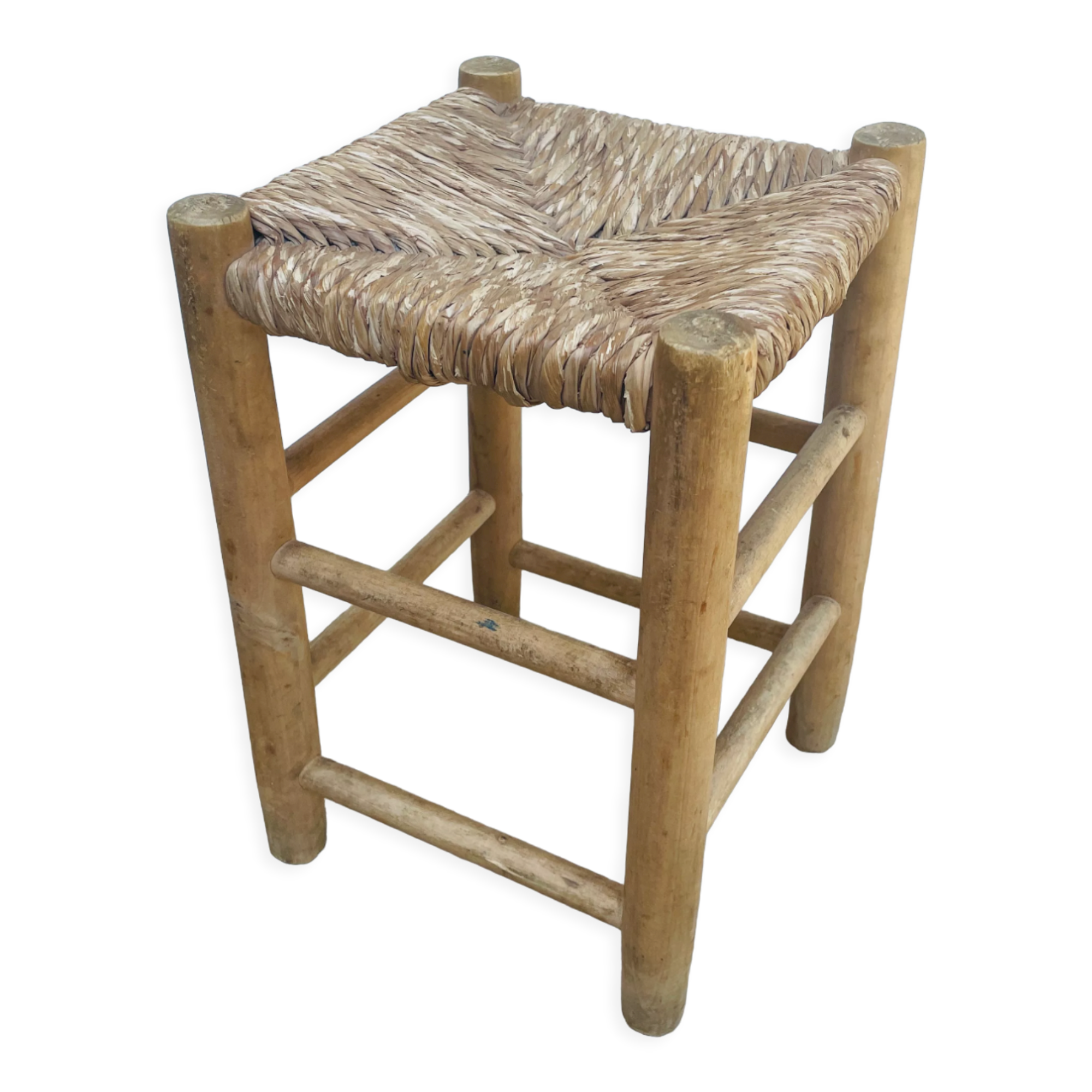 Wooden and straw stool vintage bohemian spirit