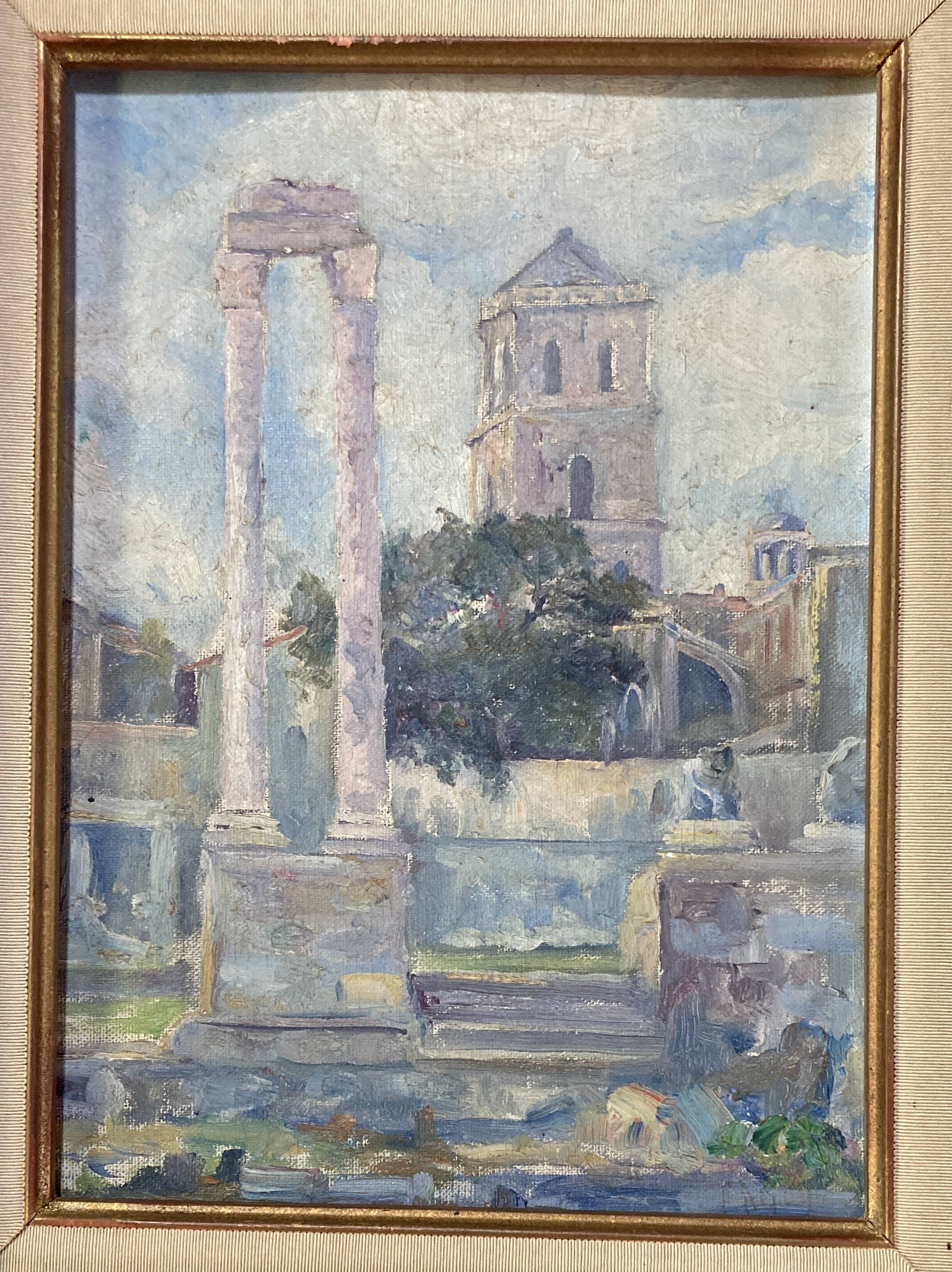 Old painting - Arles - Saint Trophime Cathedral - facade of the thermal baths