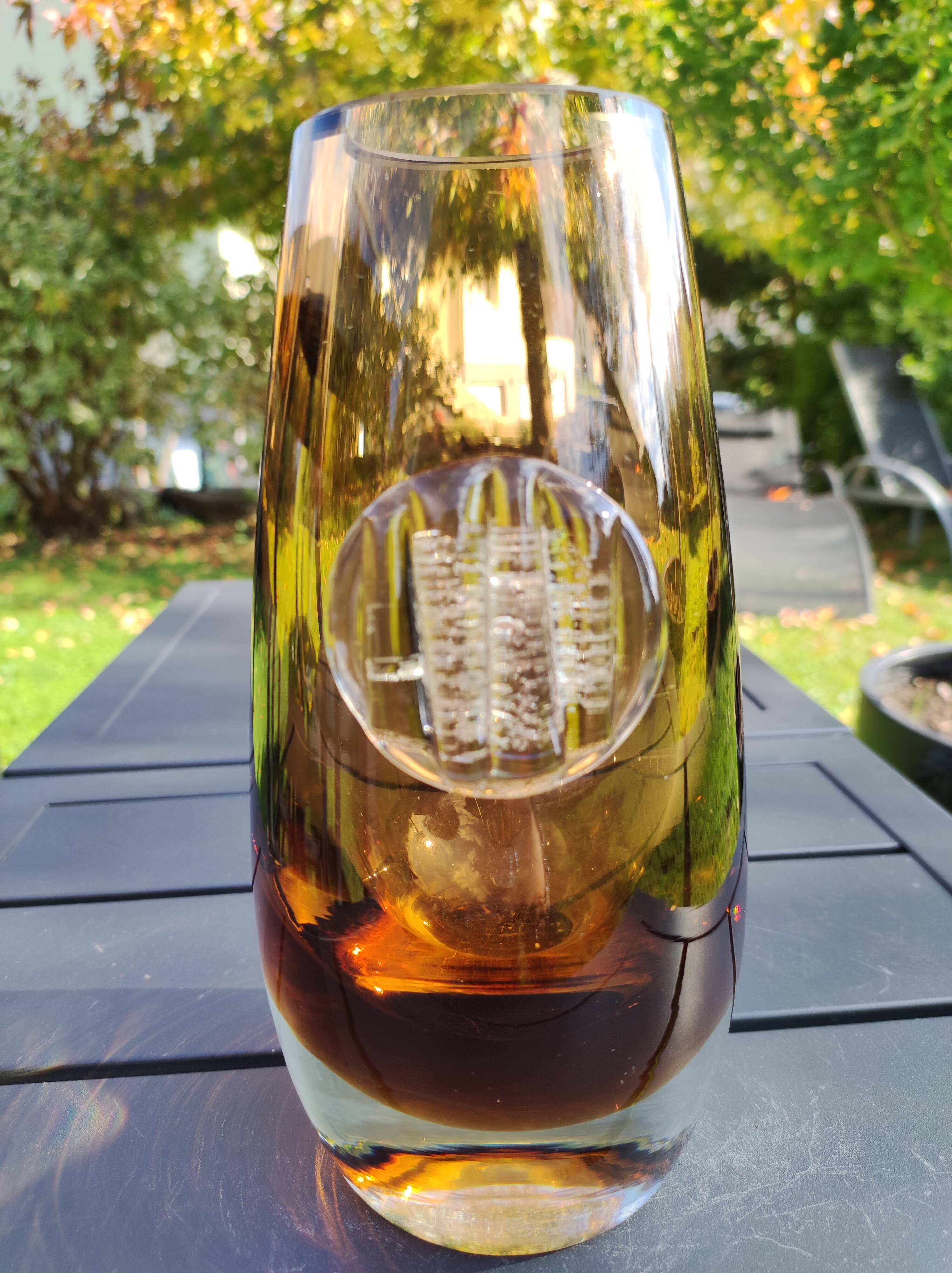 Vintage vase in blown Art glass, Creative design, amber color
