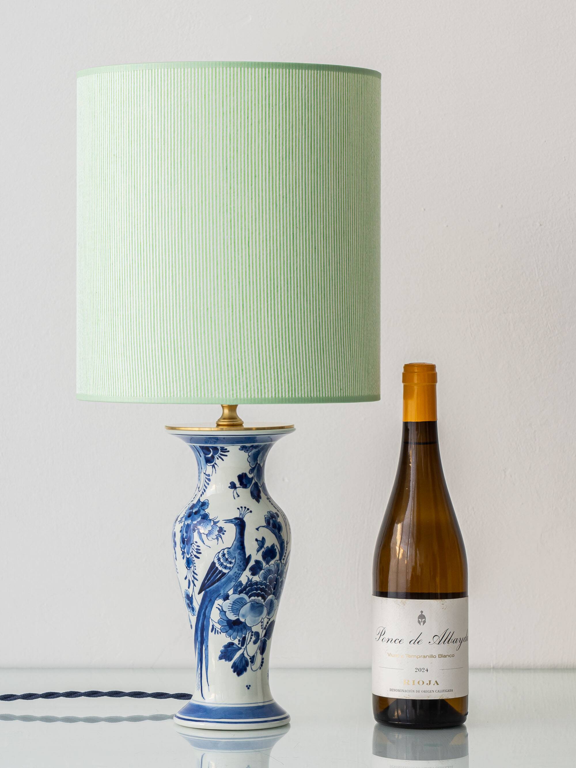 Royal Delft Blue, White, and Green Chinoiserie Bird Table Lamp, 1979