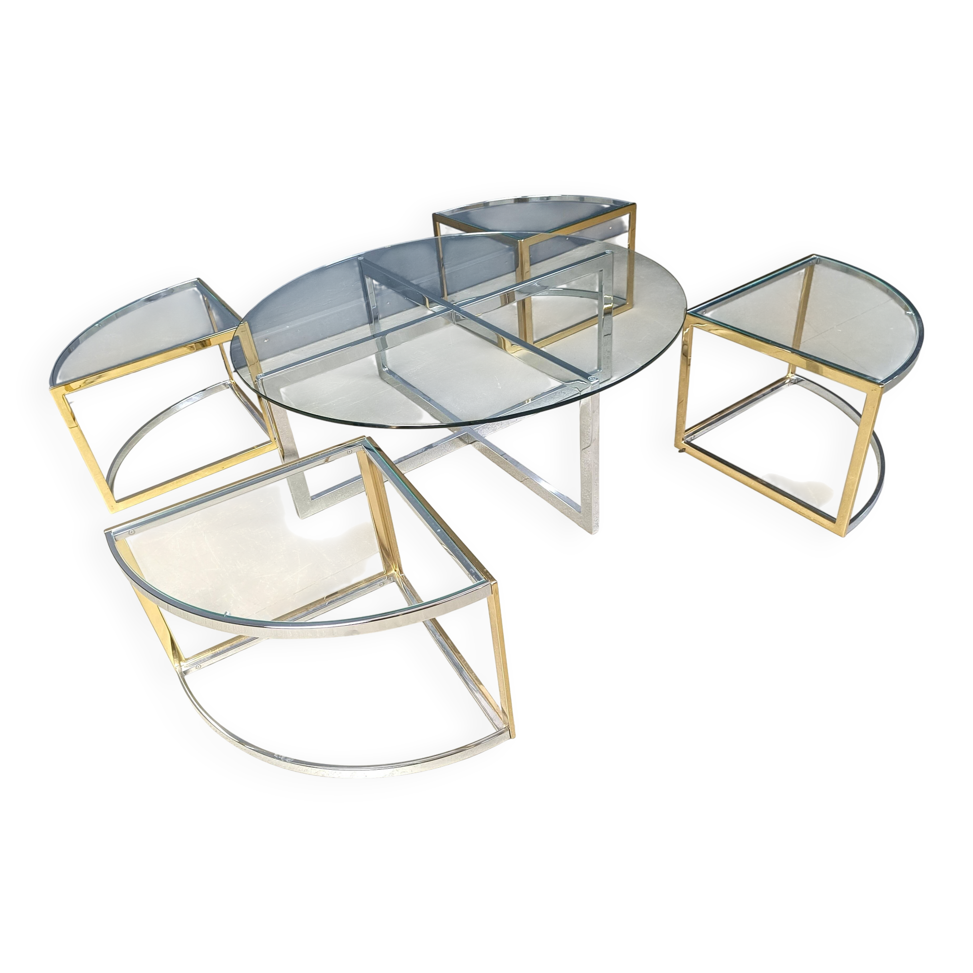 Large coffee table set in brass and glass, 1970s