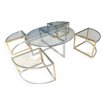 Large coffee table set in brass and glass, 1970s