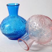 Set of 2 Vintage Small Blue and PinkGlass Vases with Flowers Pattern, Italy