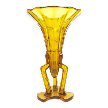 Vase Art Déco, verre jaune, cristallerie Stolzle, Tchécoslovaquie, années 1930
