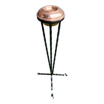 Antique copper ashtray on wrought iron stand twisted black vintage