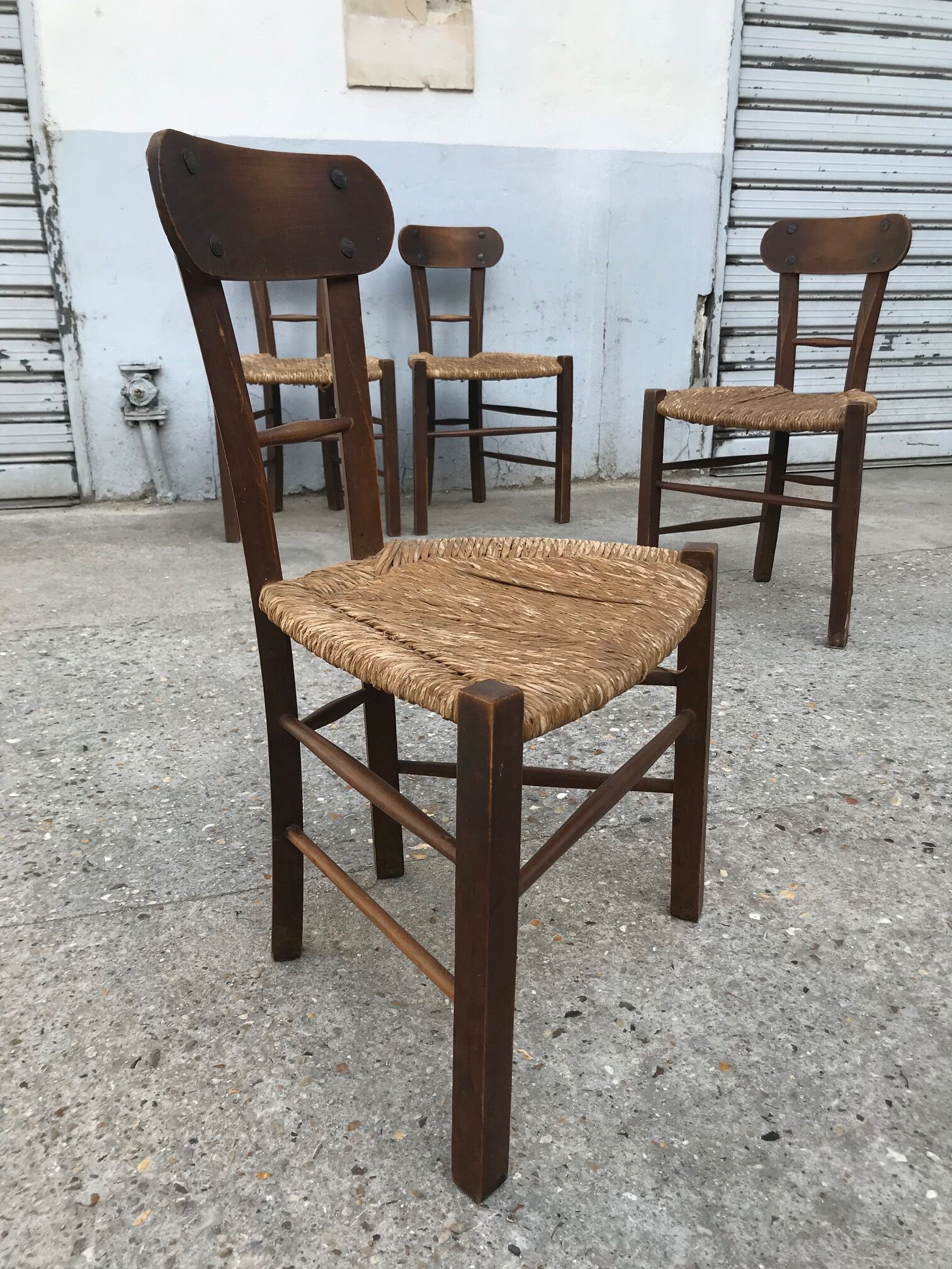 Set of 4 brutalist chairs wood and rope, popular art