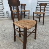 Set de 4 chaises brutalistes bois et corde, art populaire