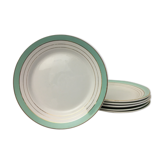 Set of 6 flat plates, on a white background, with a green marli bordered by a golden border.
