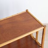 Vintage rectangular side coffee table in wood and rattan with magazine rack