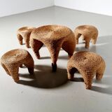 Wicker and pine needle table and stools, France, 1980s