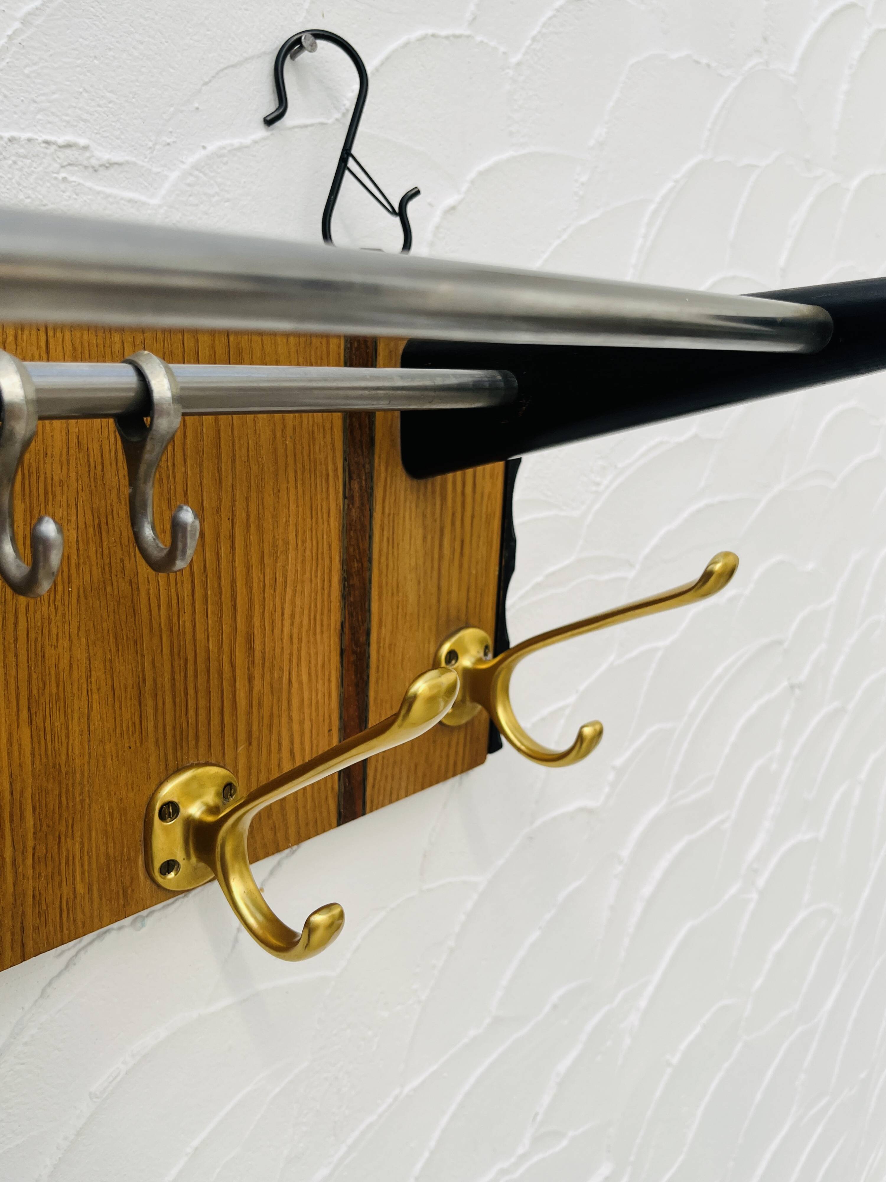 Vintage teak wall coat rack with mirror
