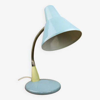 Lampe de bureau réglable en métal peint en bleu et bras spiral chromé, années 1970