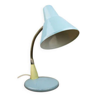 Lampe de bureau réglable en métal peint en bleu et bras spiral chromé, années 1970