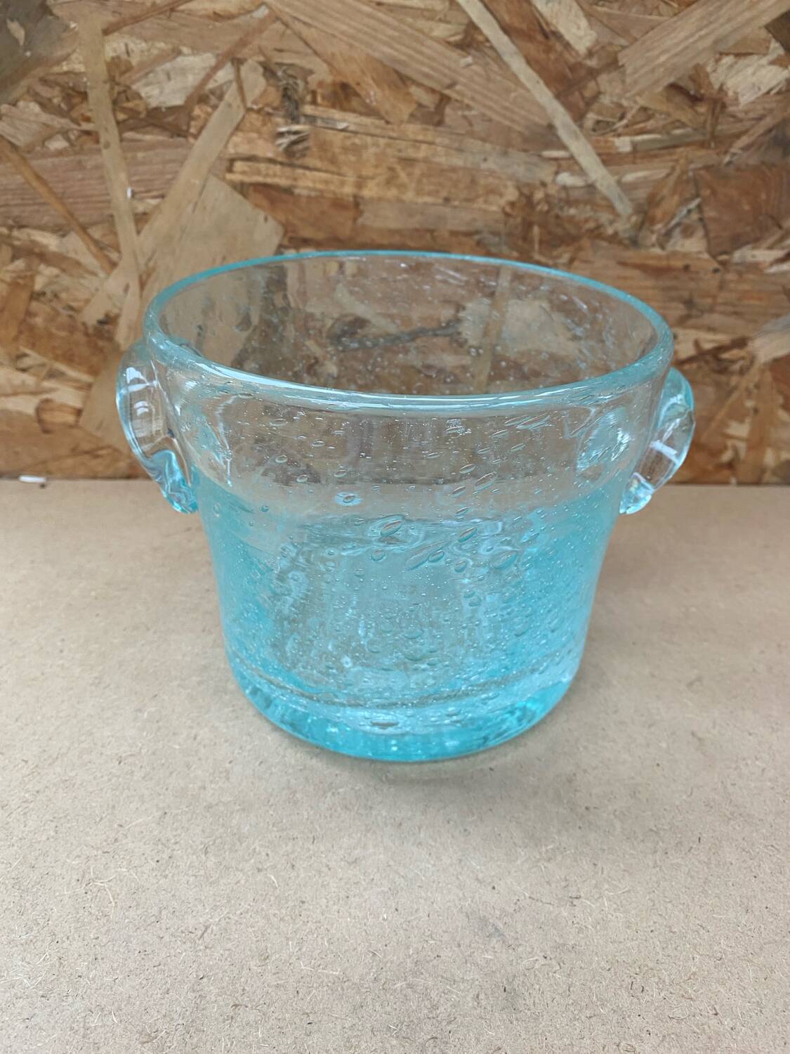 Antique BIOT Style Ice Bucket Blue Bubble Blown Glass Vintage #B620