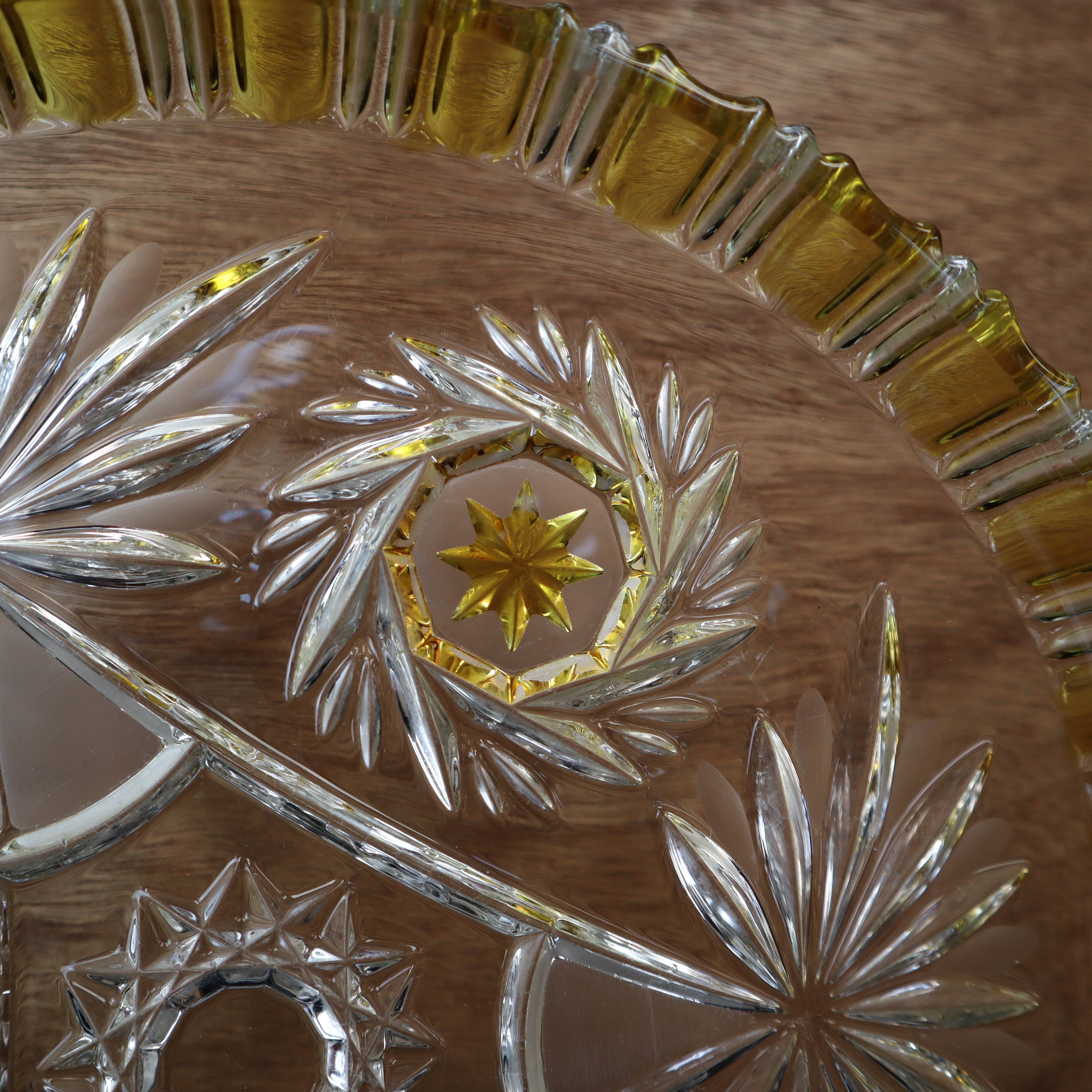 Walther Glas Bohemian crystal dish with yellow and flower pattern