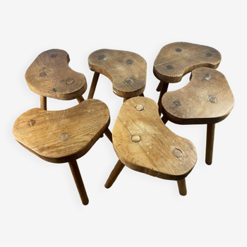 Set of 6 brutalist solid oak tripod farm stools from the 1950s