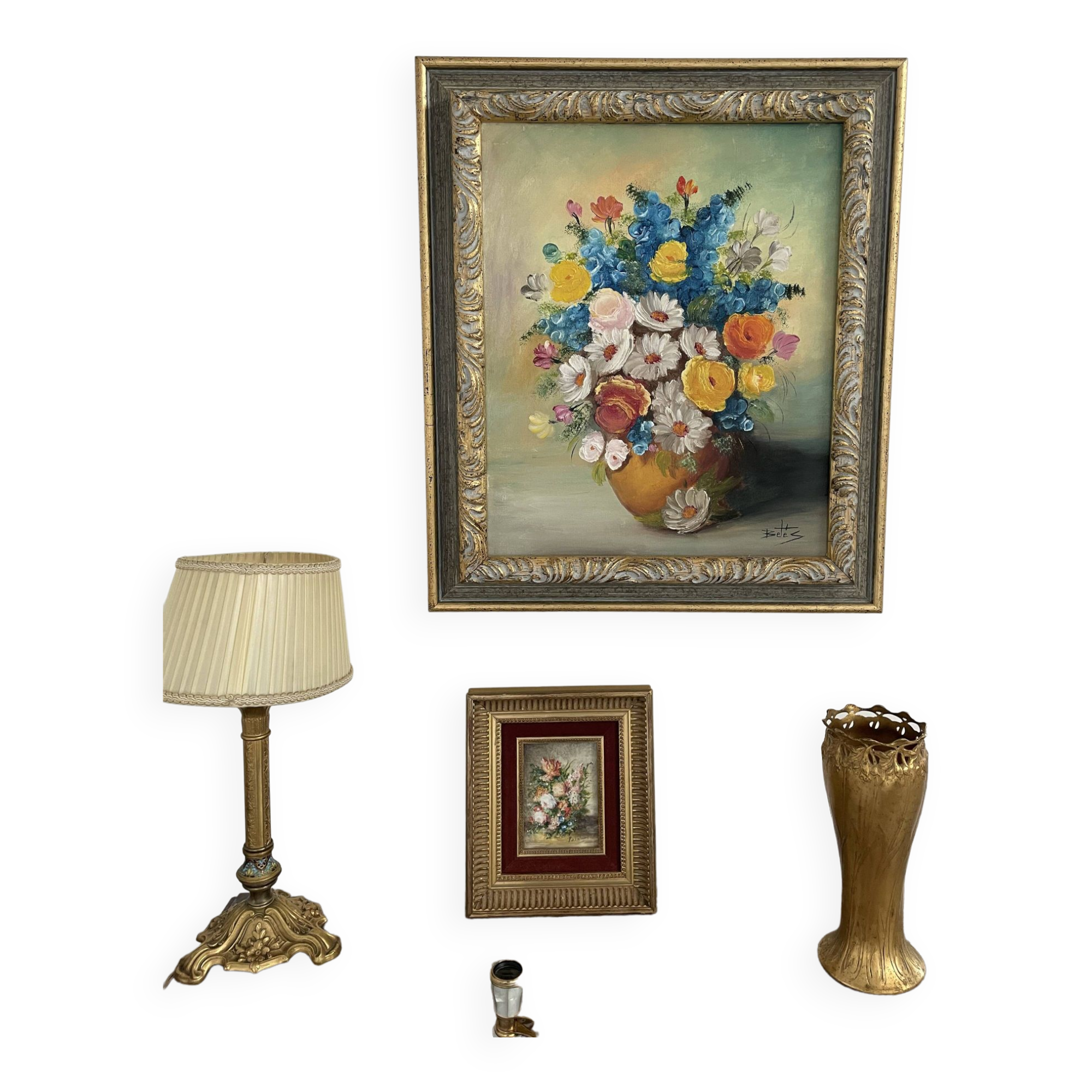 Oil painting, still life with bouquet, flowers, signed betez, floral decor, wooden frame, art