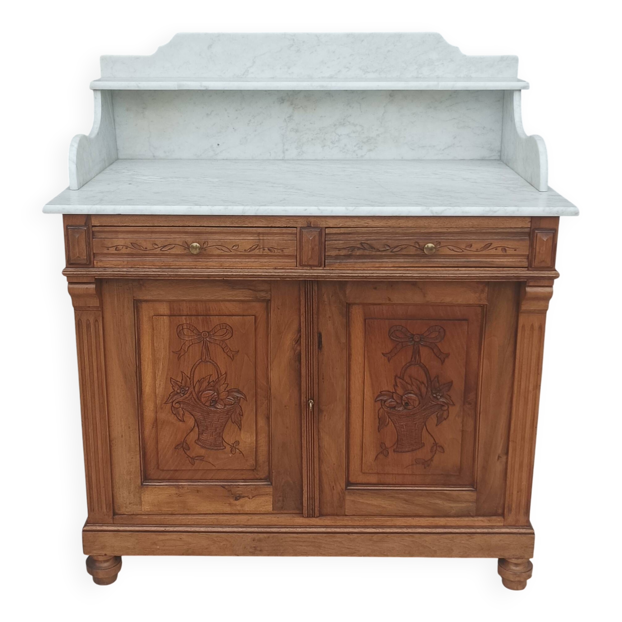 Antique walnut and white marble bathroom cabinet