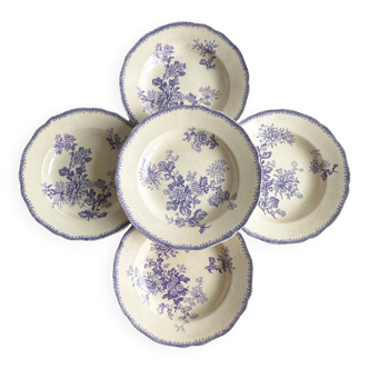 5 assiettes creuses en faïence de Sarreguemines, décor floral violet.
