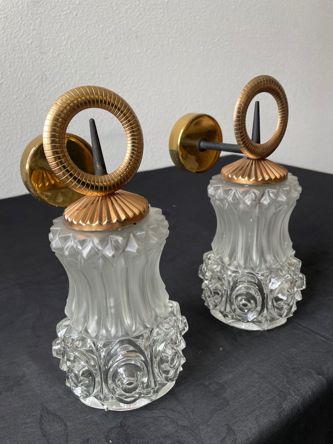 Pair of wall sconces molded glass 60s 70s