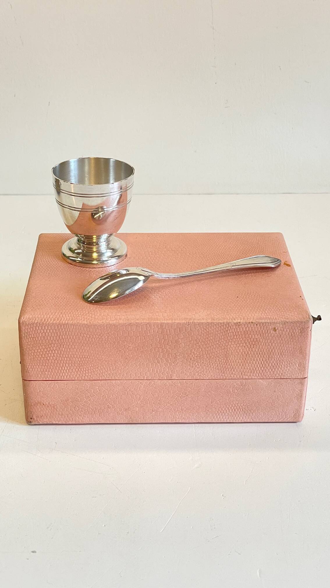 Vintage Silver-Plated Metal Egg Cup and Spoon for Birth