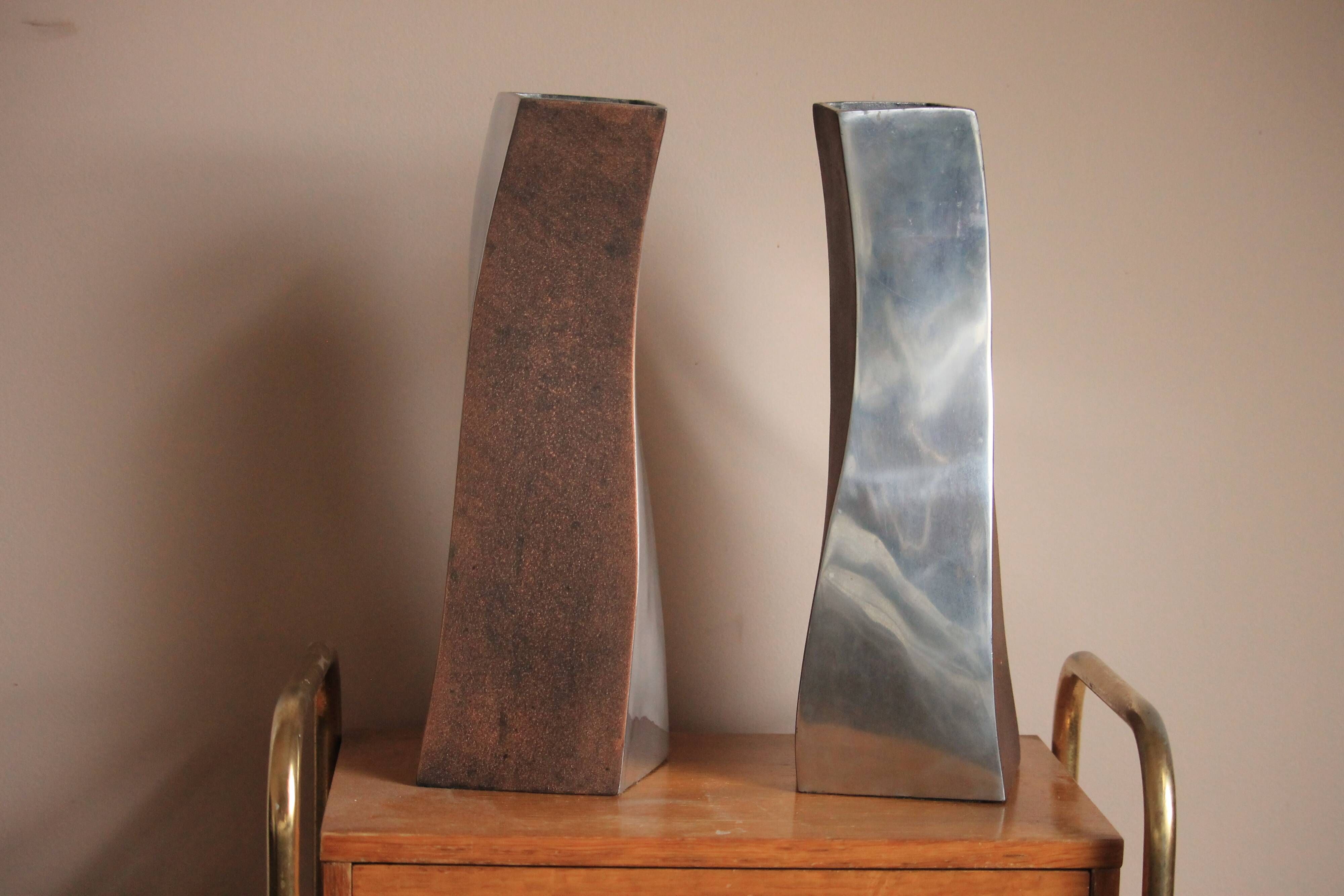 Vintage 2 curved vases Italian design space age 1970s aluminium copper