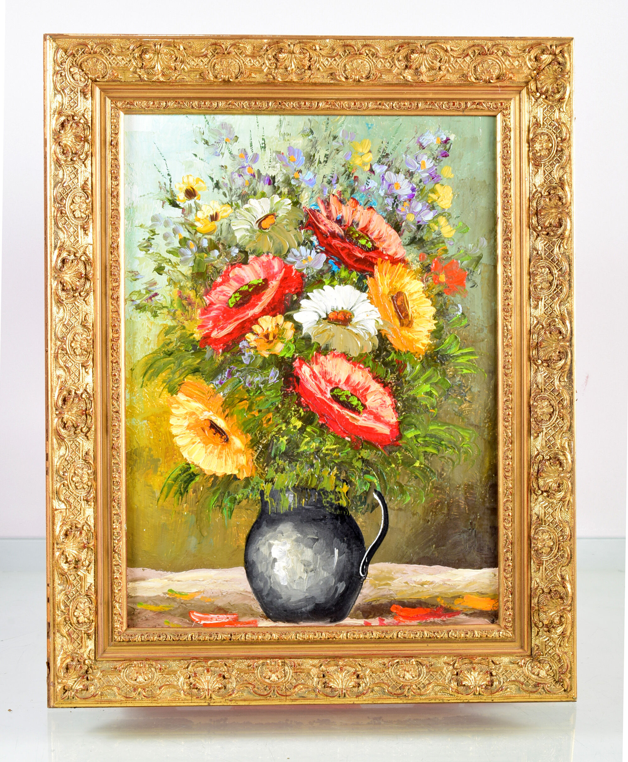 Painting, bouquet of flowers, oil on canvas, old gilded stucco frame